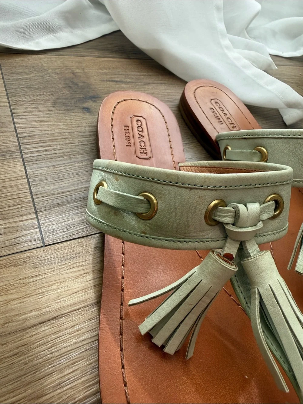 Coach Women's Teal/Green Tassel Leather Thong Sandals with Tan Footbed
